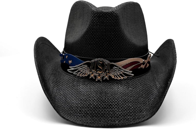 Foeran Men's Women's Straw Cowboy Hat Cowgirl Woven Sun Hat Western Cowboy Hat Two Decorative Bands - Image 2